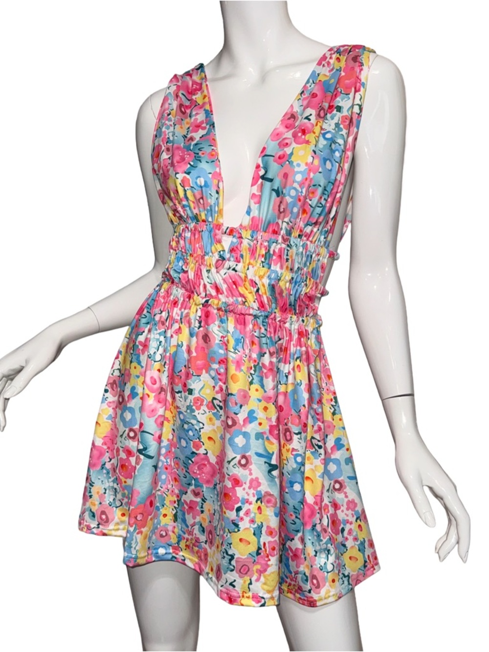 💖Floral Plunge Open Back‎ Mini Dress Maximalist Garden Party Summer Coquette
